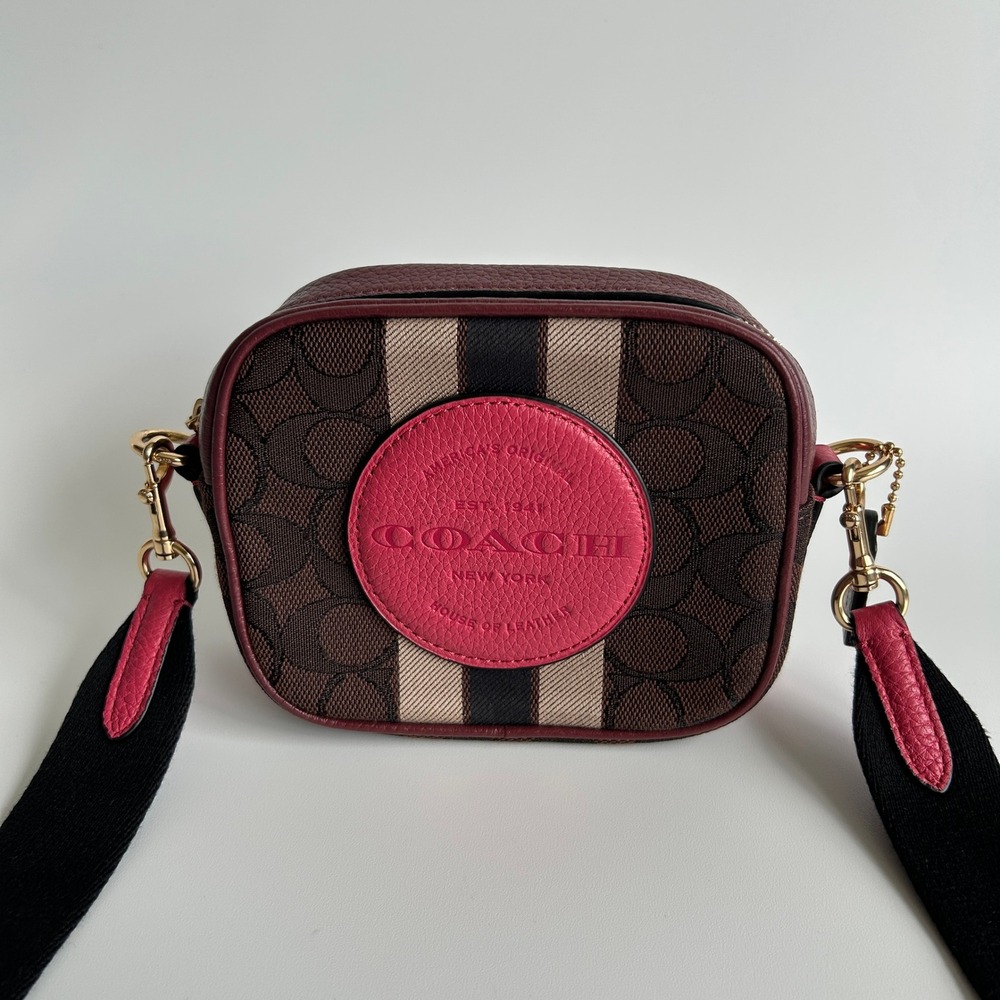 Coach Mini Jamie Burgundy Pink Jacquard Leather Camera Bag Excellent